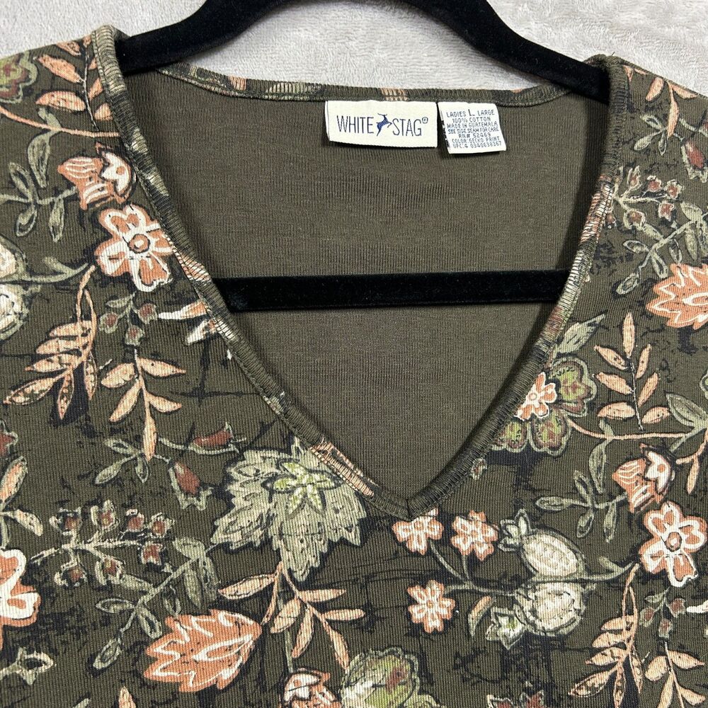White Stag Floral Granola Girl Outdoor V Neck Short Sleeve Shirt Sz L Green - Picture 2 of 6